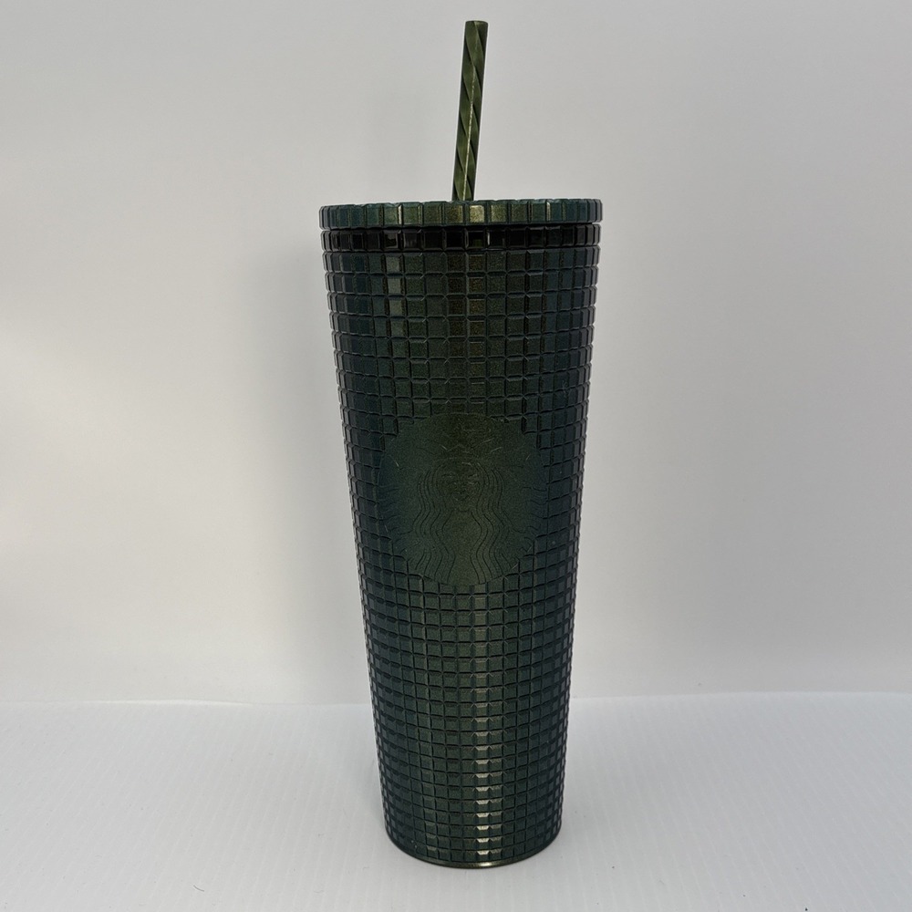 Starbucks Tumbler Dark Green Glitter Grid Stud Squares Venti 24 oz Holiday 2021